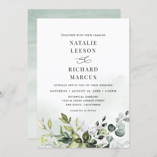 Boho Dusty Blue Eucalyptus Greenery Wedding Invitation - This elegant collection features mixed watercolor greenery leaves paired with a classy serif & delicate sans font in black with a green watercolor wash, and monogram on the back. Matching items available.
