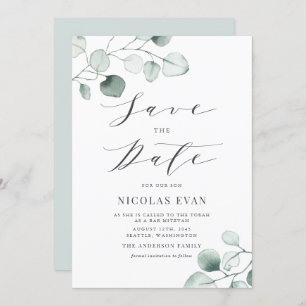 Boho Dusty Blue Eucalyptus Leaves Bar Mitzvah Save The Date