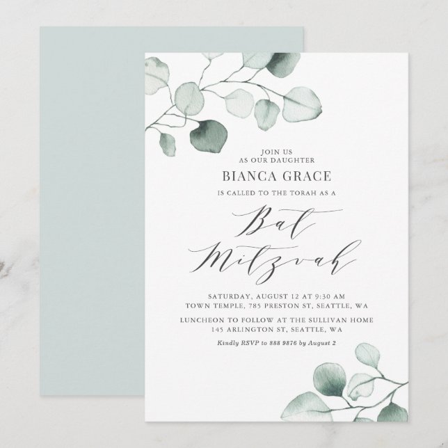 Boho Dusty Blue Eucalyptus Leaves Bat Mitzvah Invitation (Front/Back)