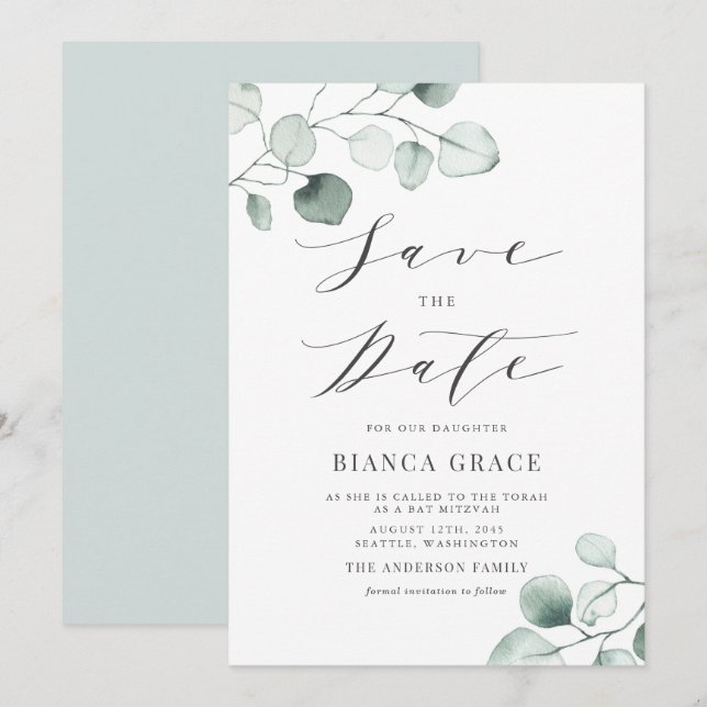 Boho Dusty Blue Eucalyptus Leaves Bat Mitzvah Save The Date (Front/Back)