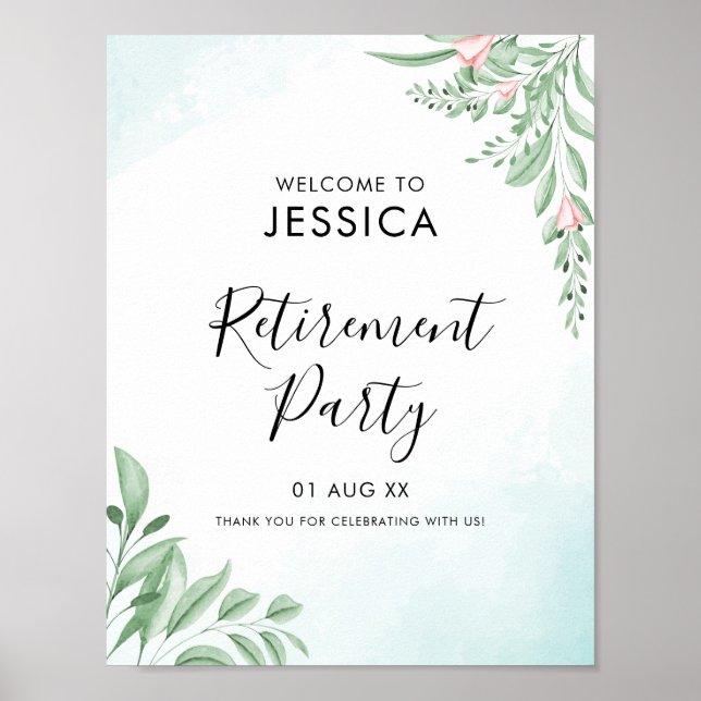 Boho Dusty Blue Eucalyptus Retirement Welcome  Poster (Front)