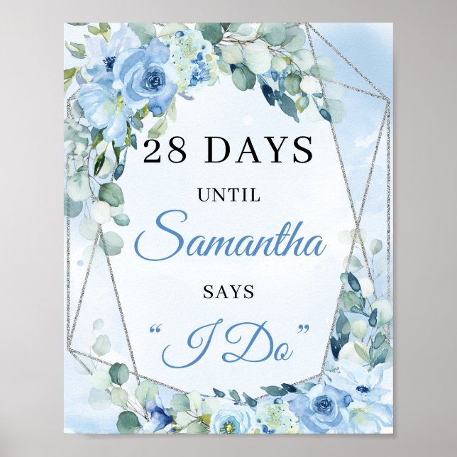 Boho Dusty blue eucalyptus silver Countdown sign (Front)