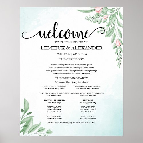 Boho Dusty Blue Eucalyptus Wedding Program Poster