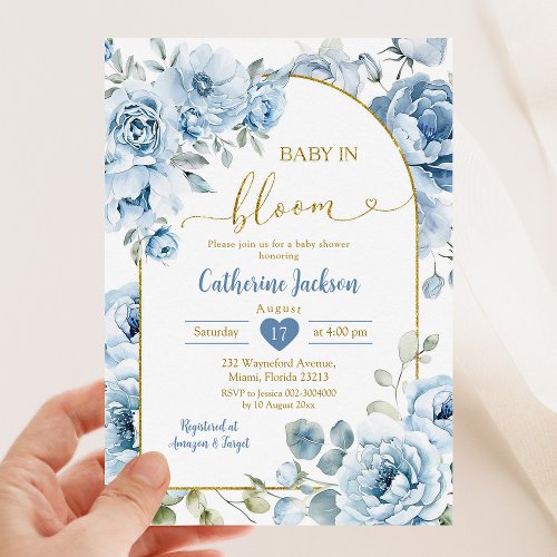 Boho Dusty Blue Floral Baby in Bloom Baby Shower Invitation