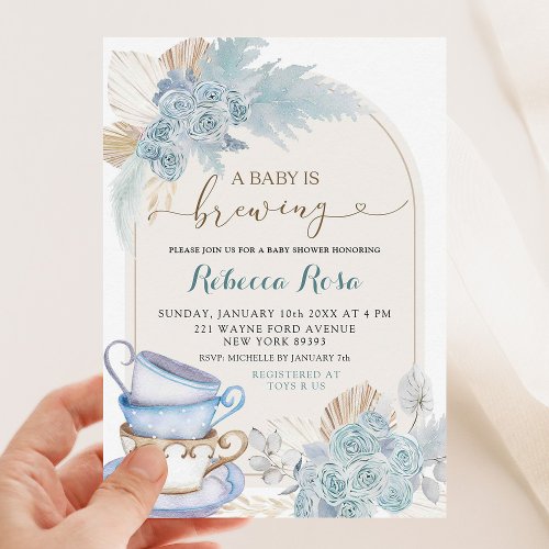 Boho Dusty Blue Floral Baby is Brewing Baby Shower Invitation