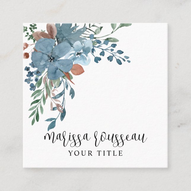 Boho Dusty Blue Floral Botanical Square Business Card (Front)