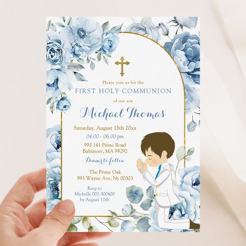 Boho Dusty Blue Floral Boy Praying First Communion Invitation