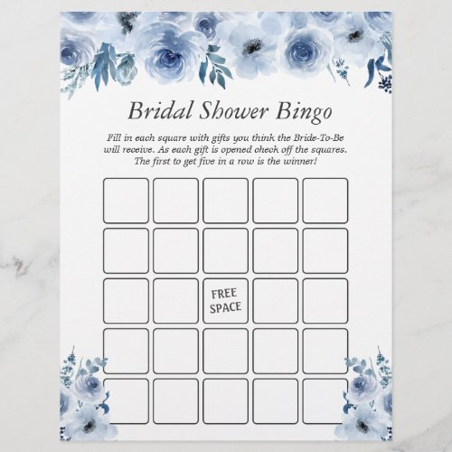 Boho Dusty Blue Floral Bridal Shower Bingo Game Flyer