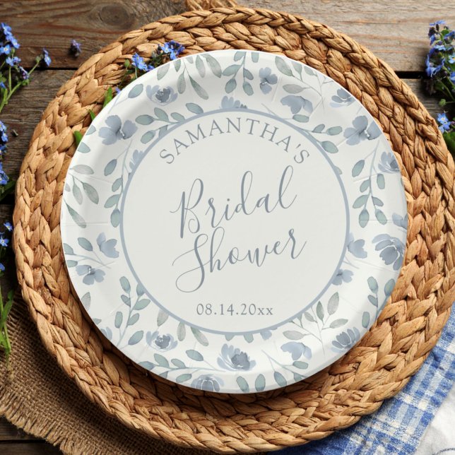 Boho Dusty Blue Floral Bridal Shower  Paper Plates (Creator Uploaded)