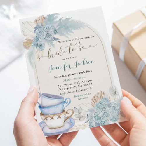 Boho Dusty Blue Floral Bridal Shower Tea Party Invitation