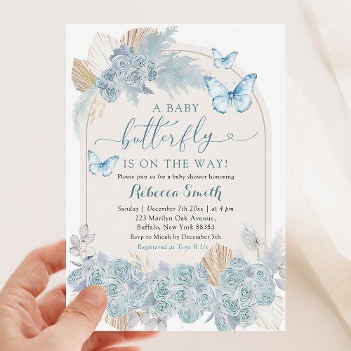 Boho Dusty Blue Floral Butterfly Baby Shower Invitation