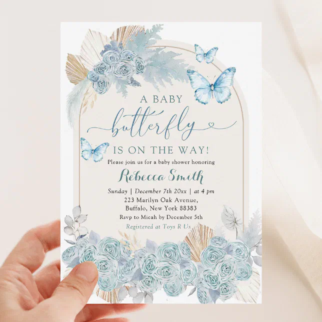 Boho Dusty Blue Floral Butterfly Baby Shower Invitation | Zazzle
