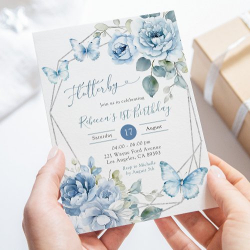 Boho Dusty Blue Floral Butterfly Birthday Invitation