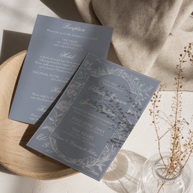Boho Dusty Blue Floral Classy All In One Wedding Invitation (Creator Uploaded)