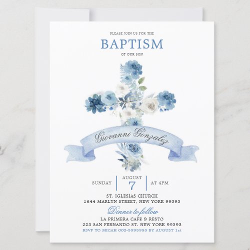 Boho Dusty Blue Floral Cross Baptism Invitation