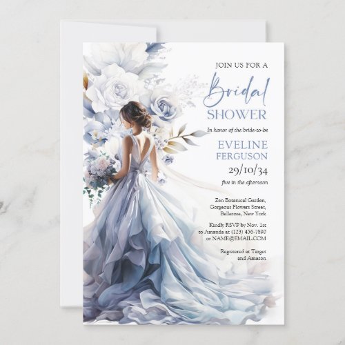 Boho dusty blue floral eucalyptus bridal dress invitation