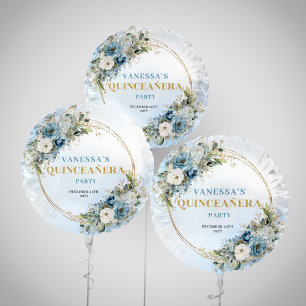 Boho dusty blue floral eucalyptus gold quinceañera balloon