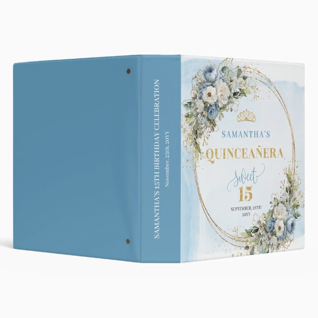 Boho Dusty Blue Floral Eucalyptus Quinceañera  3 Ring Binder (Background)