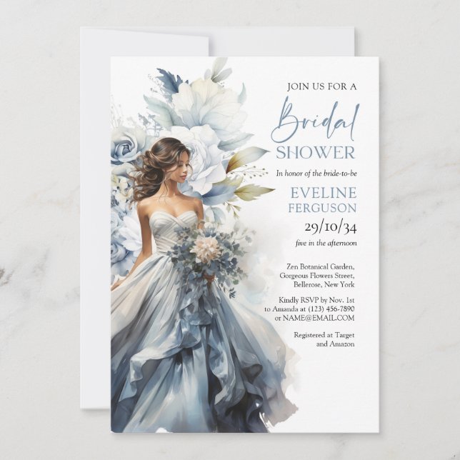 Boho dusty blue floral eucalyptus wedding gown invitation (Front)