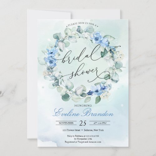 Boho Dusty Blue Floral Eucalyptus Wreath Bridal Invitation