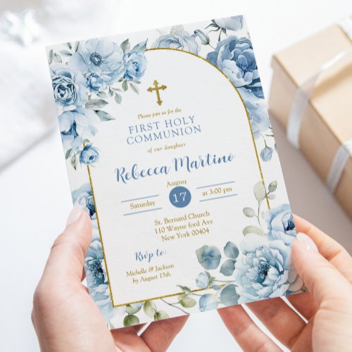 Boho Dusty Blue Floral First Holy Communion Invitation