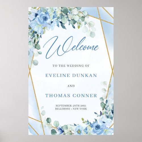 Boho Dusty Blue Floral gold frame Wedding Welcome Poster