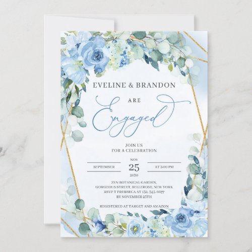 Boho Dusty Blue Floral Gold Geometric Frame Engage Invitation