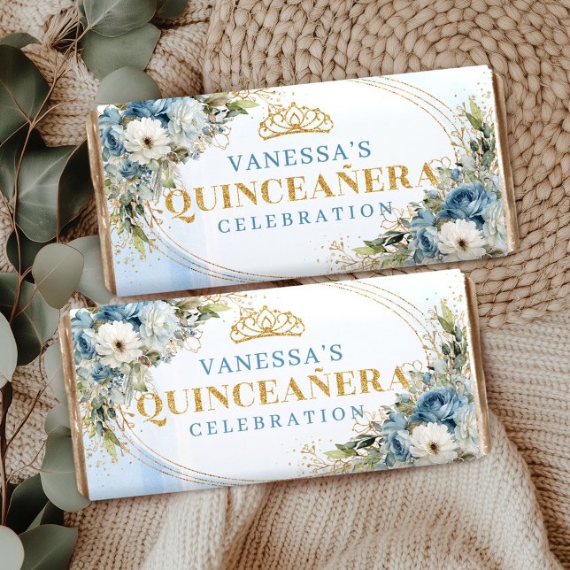 Boho Dusty Blue Floral Gold Personalized Quince  Hershey Bar Favors (Boho Dusty Blue Floral Gold Personalized Quince Wrap)