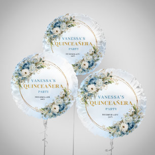Boho Dusty Blue Floral Gold Quinceañera Balloon