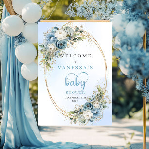 Boho Dusty Blue Floral Greenery Baby Shower Welcom Poster