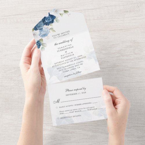 Boho Dusty Blue Floral Greenery Wedding All In One Invitation
