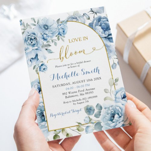 Boho Dusty Blue Floral Love in Bloom Bridal Shower Invitation