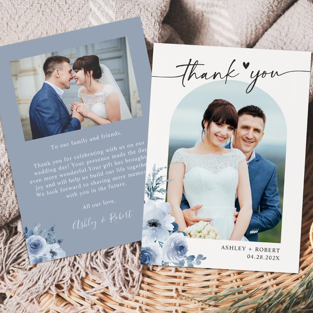 Boho Dusty Blue Floral Modern Arch Wedding Photo Thank You Card (Creator Uploaded)