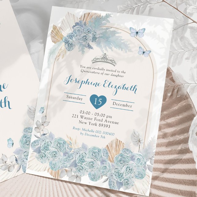 Boho Dusty Blue Floral Pampas Girl's Quinceañera Invitation (Creator Uploaded)