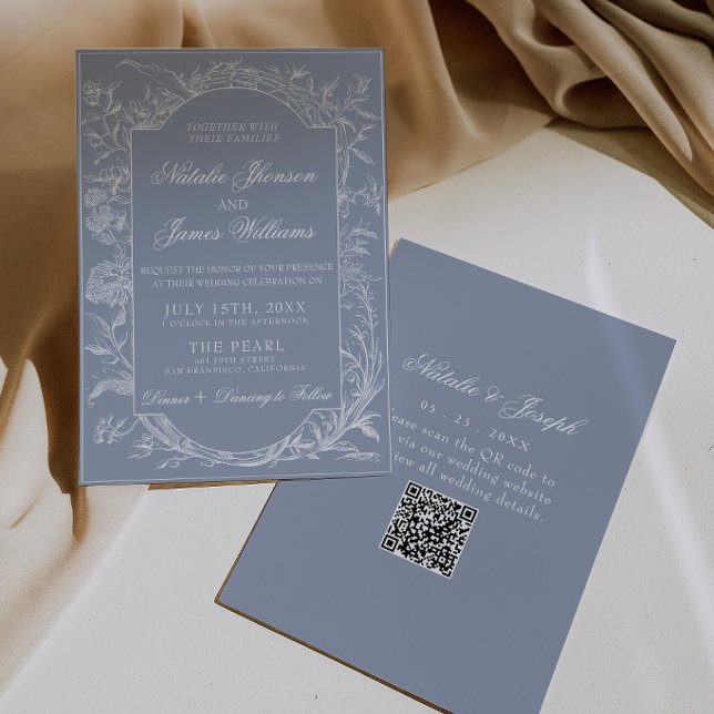 Boho Dusty Blue Floral QR Code Botanical Wedding Invitation (Creator Uploaded)