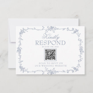 Boho Dusty Blue Floral QR Code Botanical Wedding RSVP Card