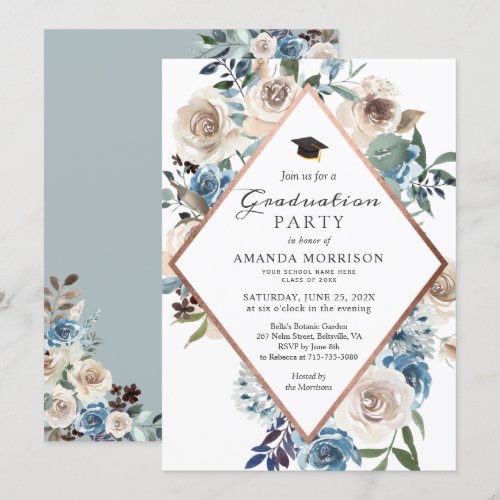 Boho Dusty Blue Floral Rose Gold Graduation Party Invitation