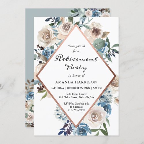 Boho Dusty Blue Floral Rose Gold Retirement Party Invitation