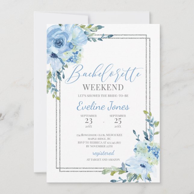 Boho dusty blue floral silver frame bachelorette invitation (Front)