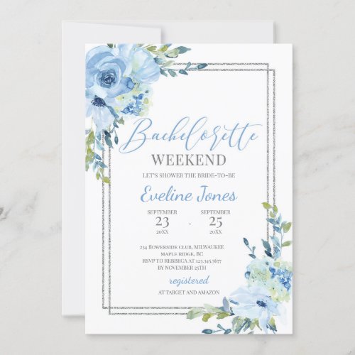 Boho dusty blue floral silver frame bachelorette invitation