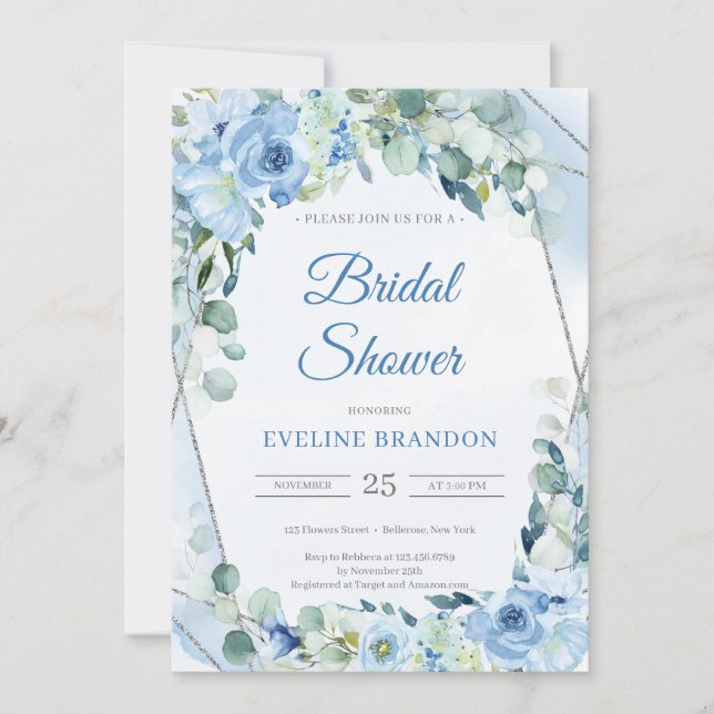 Boho Dusty Blue Floral Silver Geometric Bridal Invitation (Front)