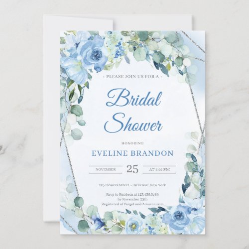 Boho Dusty Blue Floral Silver Geometric Bridal Invitation