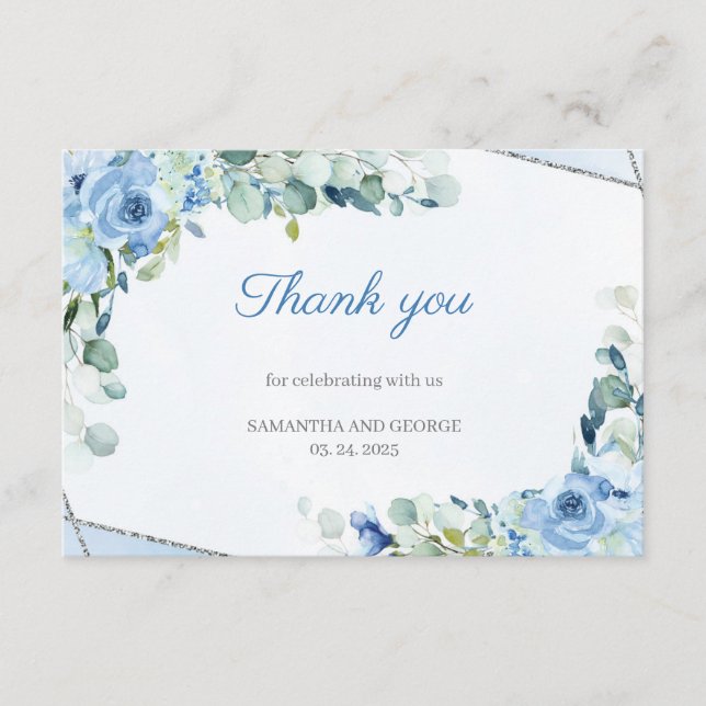 Boho Dusty Blue Floral Silver Geometric Thank You Enclosure Card (Front)