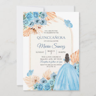 Boho Dusty Blue Floral Spanish Girl XV Años Invita Invitation