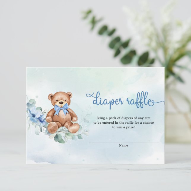 Boho Dusty Blue Floral Teddy Bear Diaper Raffle Enclosure Card (Standing Front)