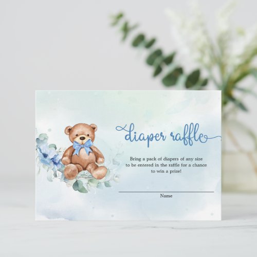 Boho Dusty Blue Floral Teddy Bear Diaper Raffle Enclosure Card