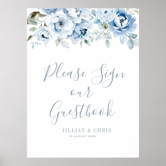 boho dusty blue floral wedding guestbook sign (Front)