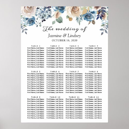 Boho Dusty Blue Floral Wedding Seating Chart