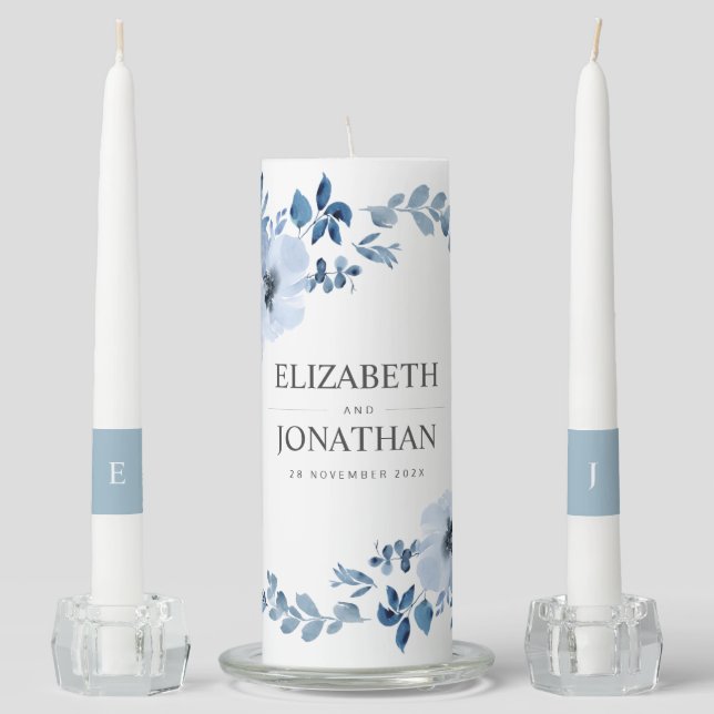 boho dusty blue floral wedding unity candle set (Front)