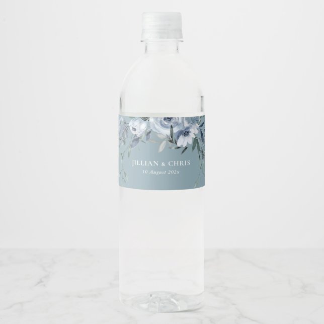 boho dusty blue floral wedding water bottle label (Front)